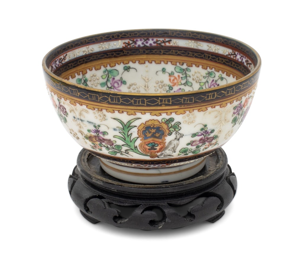 Samson Chinese Style Armorial Porcelain Bowl: Samson Chinese Export Style Armorial Porcelain Bowl, late 19th century, with gilt geometric trim, painted floral motif, and raised white scroll form decoration, unmarked, with carved wood stand. Overa