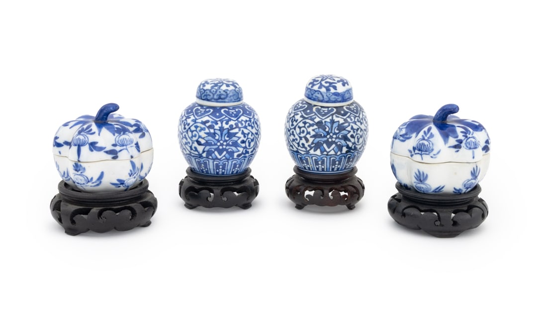 Chinese Blue and White Porcelain Covered Jars, 4: Collection of Four Chinese Blue and White Porcelain Covered Jars, one pair of diminutive ginger jars with chrysanthemum motif and one pair of pumpkin form with hand-painted cobalt blue decoration, all
