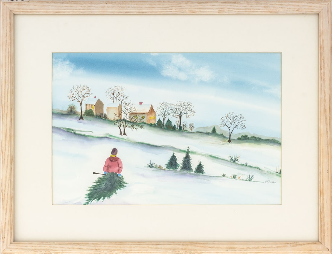 Ann Dunn Winter Landscape Scene Watercolor: Ann Dunn (American, XX-XXI), Winter Landscape Scene, Watercolor on Paper, signed in pencil "A. Dunn" lower right, white painted wood frame. Image: 12" H x 17.75" W; frame: 20" H x 25.75" W x 1" D. Pro