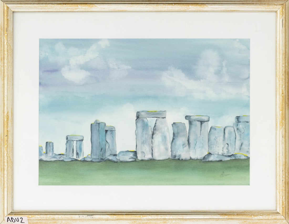 Ann Dunn Stonehenge Watercolor on Paper: Ann Dunn (American, XX-XXI), Stonehenge Landscape Scene, Watercolor on Paper, signed in pencil "A. Dunn" lower right, silvered wood frame. Image: 14" H x 19.5" W; frame: 21" H x 27" W x 1" D. Provenan
