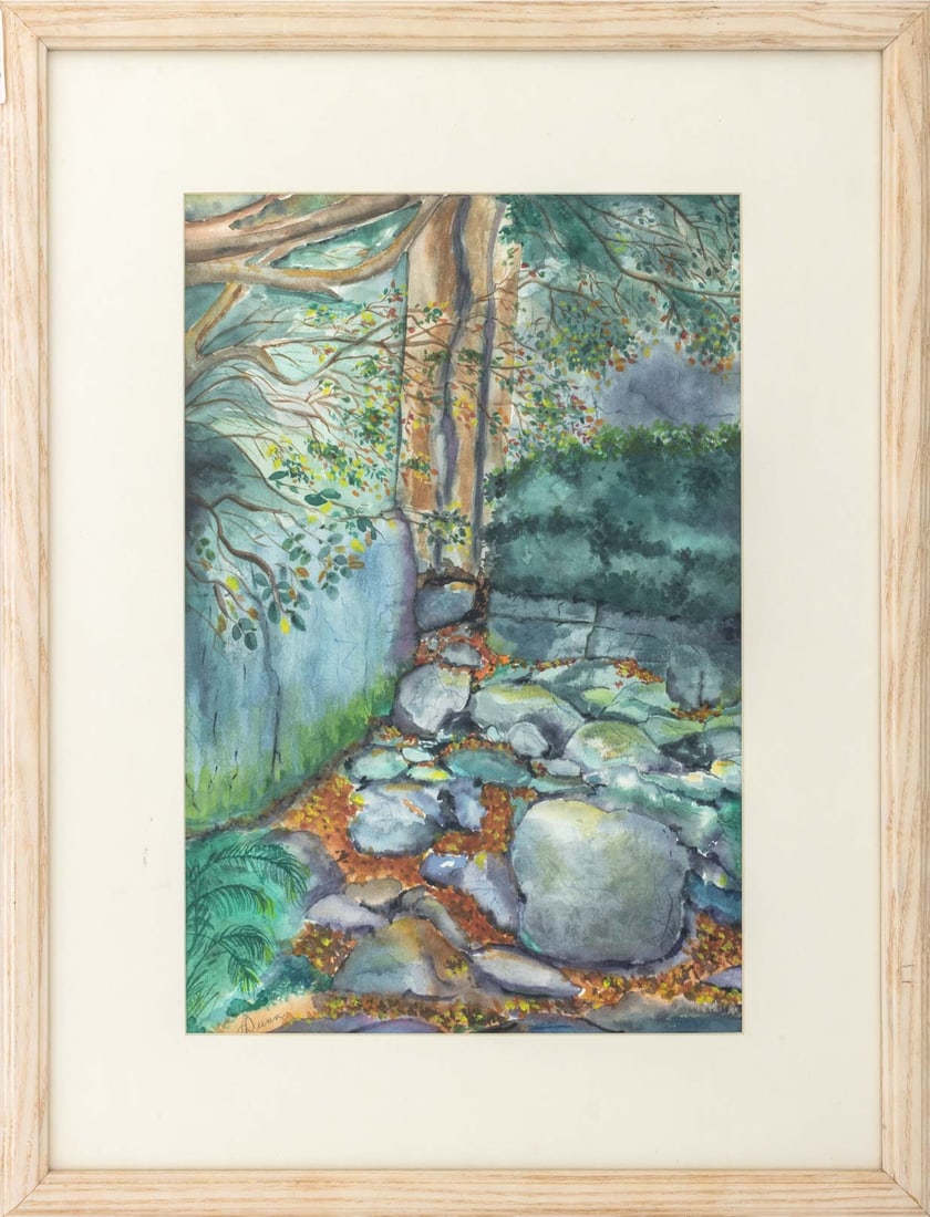 Ann Dunn "Mohawk Mt. Trail, New Paltz" Watercolor: Ann Dunn (American, XX-XXI), "Mohawk Mt. Trail, New Paltz, N.Y.", Watercolor on Paper, signed in pencil "Dunn" lower left, label verso, white painted wood frame. Image: 17.5" H x 12" W; frame: 26" H x