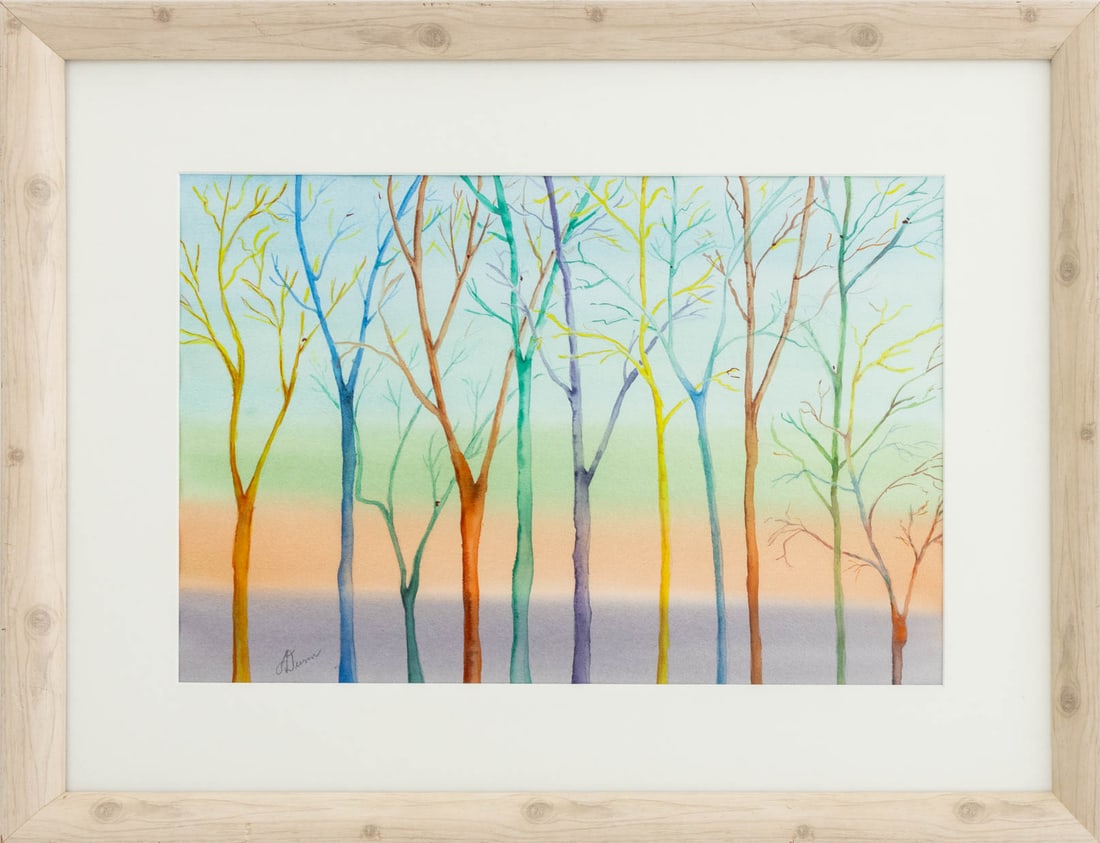 Ann Dunn Rainbow Trees Watercolor: Ann Dunn (American, XX-XXI), Rainbow Trees, Watercolor on Paper, signed in pencil lower left, white painted wood frame. Image: 12" H x 18" W; frame: 20" H x 26" W x 1.5" D. Provenance: From a New Jers