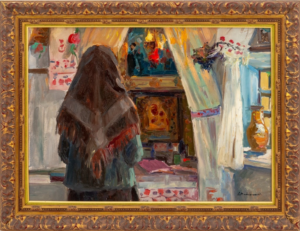 Andrei Potapenko Interior Scene Oil on Board, 1961: Andrei Illich Potapenko (Ukrainian, 1925-2011), Interior Scene, Oil on Board, 1961, depicting a woman wearing a headscarf standing by a window, signed and dated lower right, with artist's name and dat