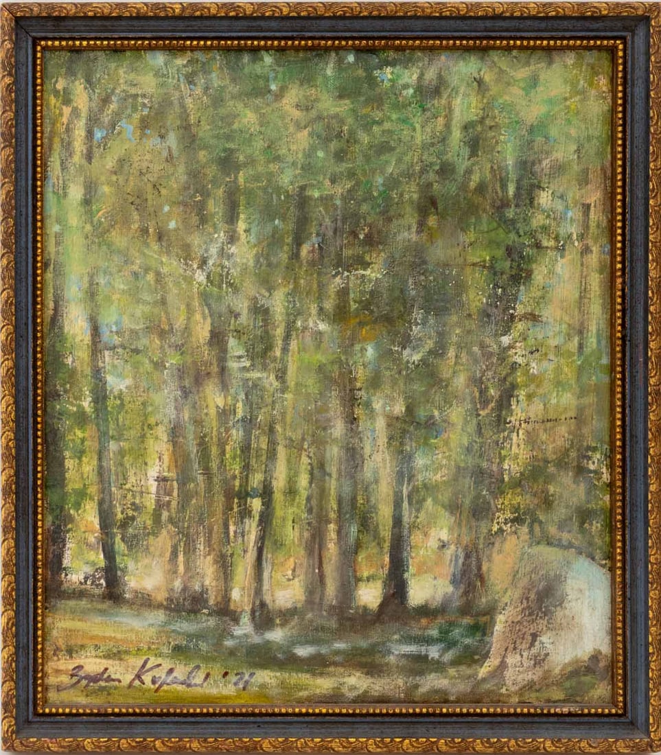 Illegibly Signed Forest Scene Oil, 1971: 20th Century School, Forest Scene, Oil on Board, 1971, illegibly signed ".... Kolstad?" lower right, giltwood frame. Image: 15.5" H x 13.25" W; frame: 17.25" H x 15.25" W x 1" D. Provenance: From an E