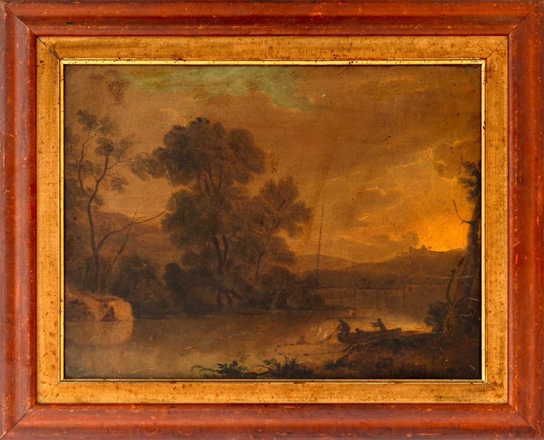Artist Unknown River Landscape Oil on Canvas: 20th Century School, River Landscape Scene, Oil on Canvas, unsigned, wood frame. Image: 13" H x 17.25" W; frame: 18.25" H x 22.5" W x 1" D. Provenance: From a Staten Island Collection. Keywords: Paint