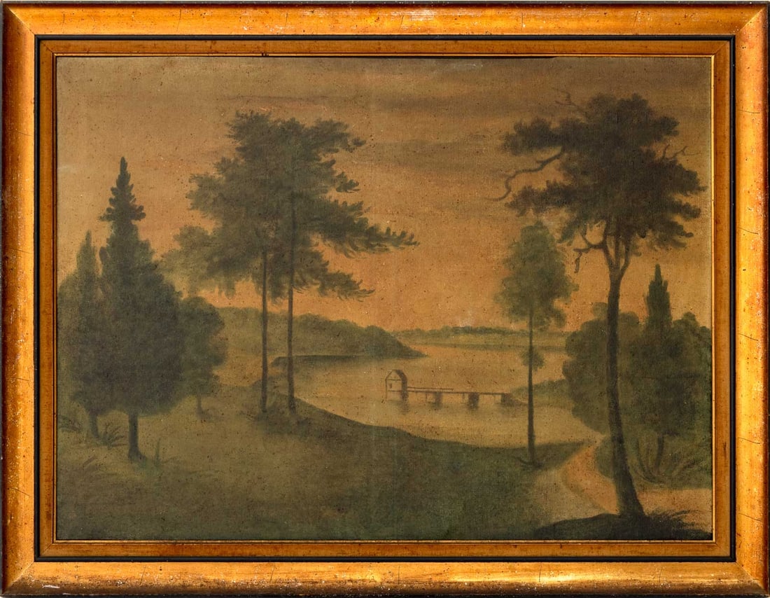 Folk Art Hudson River Style Scenic Landscape Oil: Folk Art Hudson River Style Landscape, Oil on Canvas, unsigned, gilt and ebonized wood frame. Image: 24.5" H x 33" W; frame: 29.75" H x 38.75" W x 1.25" D. Provenance: From an Upper West Side, New Yor