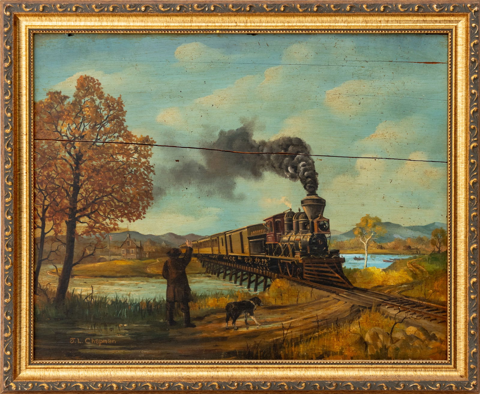 Folk Art J.L. Chapman Railway Scene Oil on Panel: Folk Art J.L. Chapman, Railway Scene, Oil on Panel, depicting a man and his dog waving at a train crossing, giltwood frame. Image: 10.5" H x 12.5" W; frame: 15" H x 18.25" W x 1" D. Provenance: From a