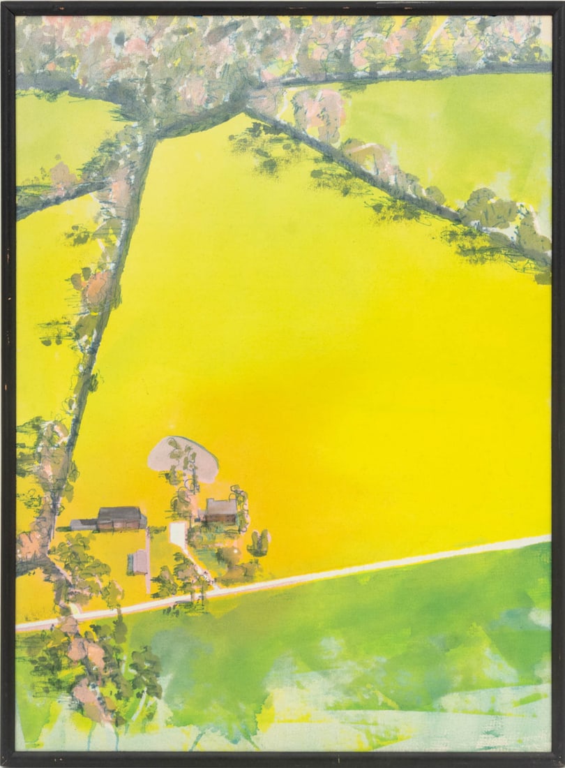 Mary Betts Anderson Aerial Landscape Acrylic: Mary Betts Anderson (American, 1920-2006), Aerial Landscape Scene, Acrylic on Canvas, signed and artist label verso, ebonized wood frame. Image: 38" H x 27.25" W; frame: 39.25" H x 29.25" W x 1.5" D.