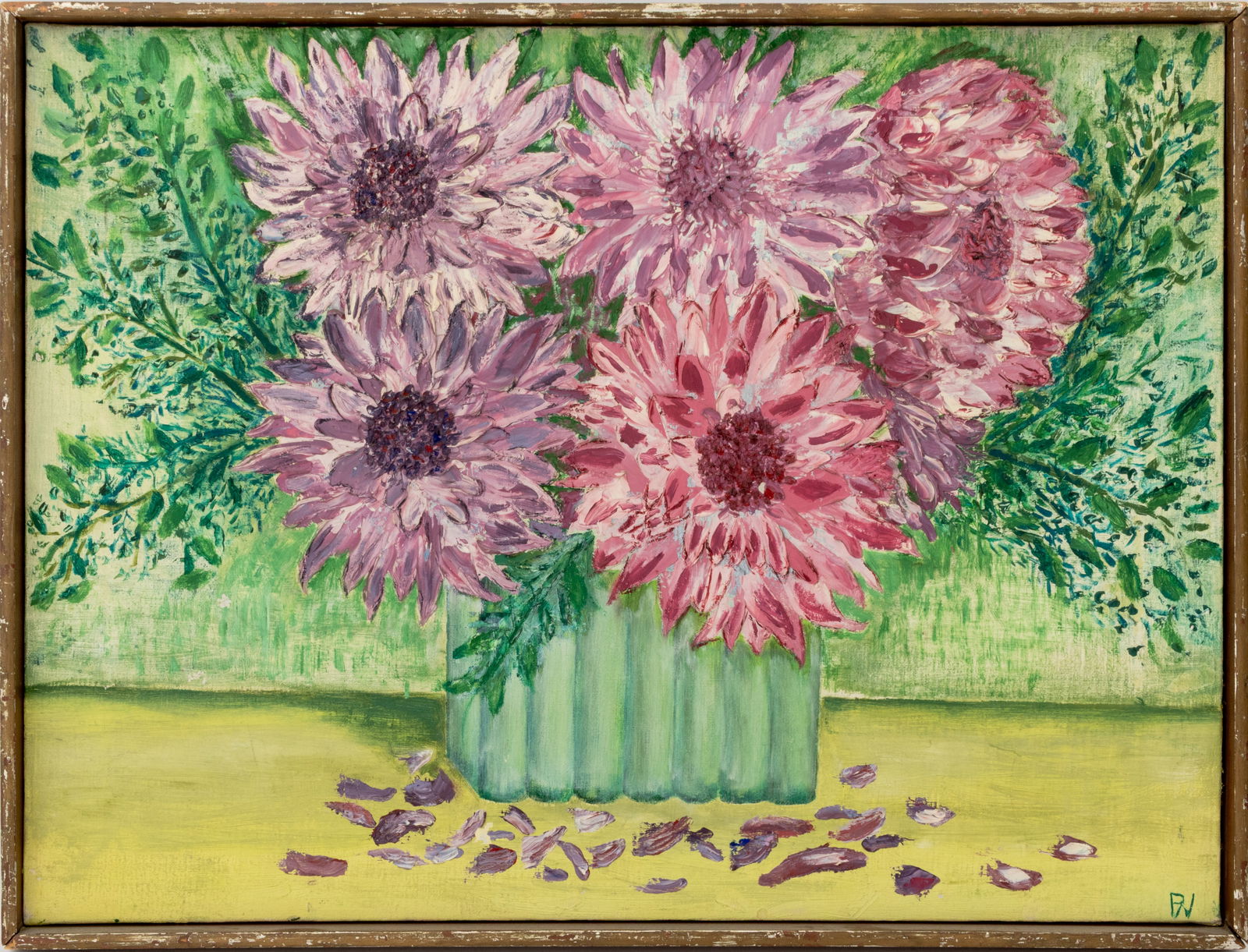 Floral Still Life Scene Oil on Canvas, 20th C.: 20th Century School, Floral Still Life Scene, Oil on Canvas, initialed "PN" lower right, wood frame. Image: 18" H x 24" W; frame: 19" H x 24.75" W x 1.5" D. Provenance: From an East 74th Street Estate