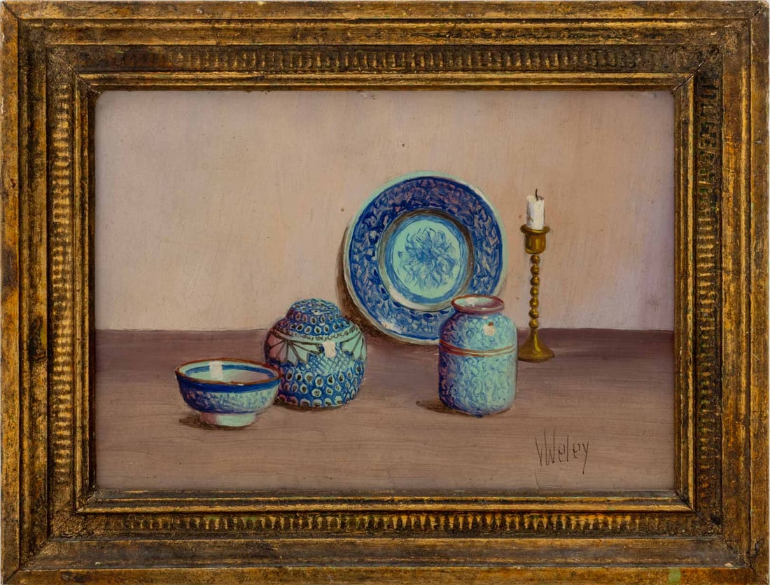V. Weley Still Life Scene Oil on Masonite: V. Weley (XX), Still Life Scene with Cloisonne Vessels, Oil on Masonite, signed lower right, giltwood frame. Image: 4.5" H x 6.5" W; frame: 6.75" H x 8.75" W x 1" D. Provenance: From an Upper West Sid