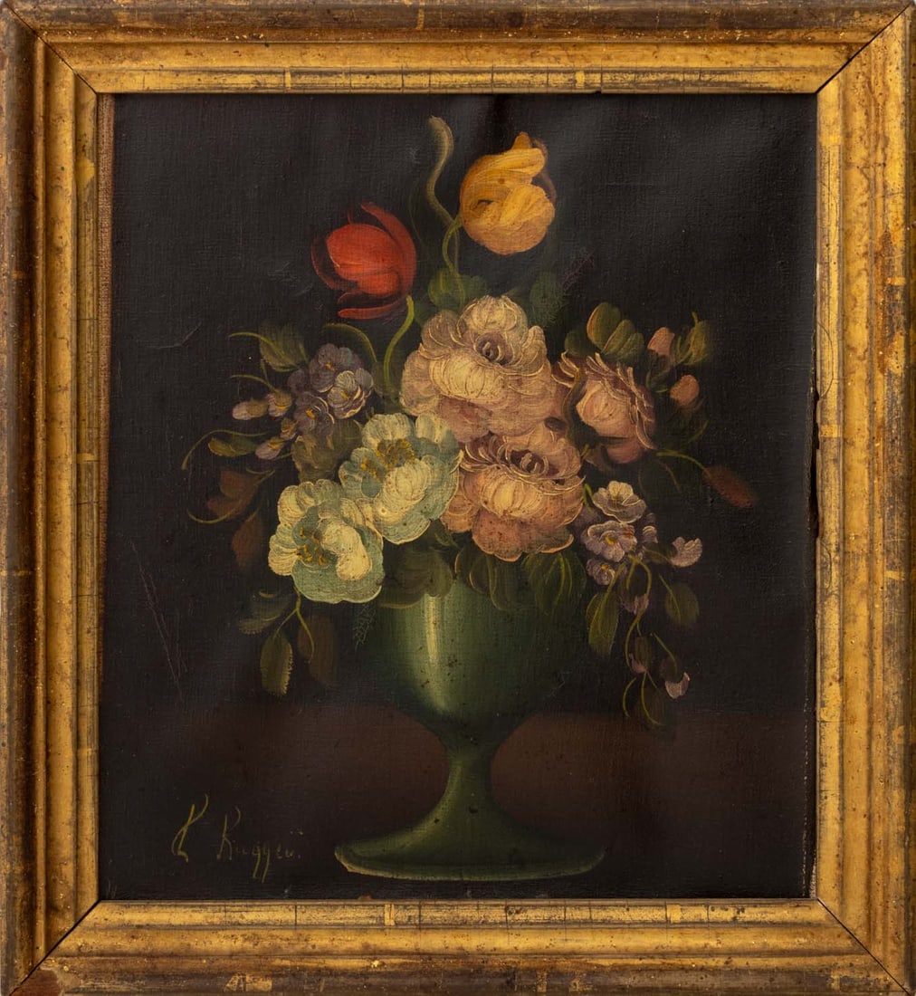 Vito L. Ruggeri Floral Still Life Oil on Canvas: Vito L. Ruggeri (Italian, XX-XXI), Floral Still Life Scene, Oil on Unstretched Canvas Mounted to Board, signed lower left, giltwood frame. Image: 9" H x 8" W; frame: 11.25" H x 10.25" W x 1" D. Proven