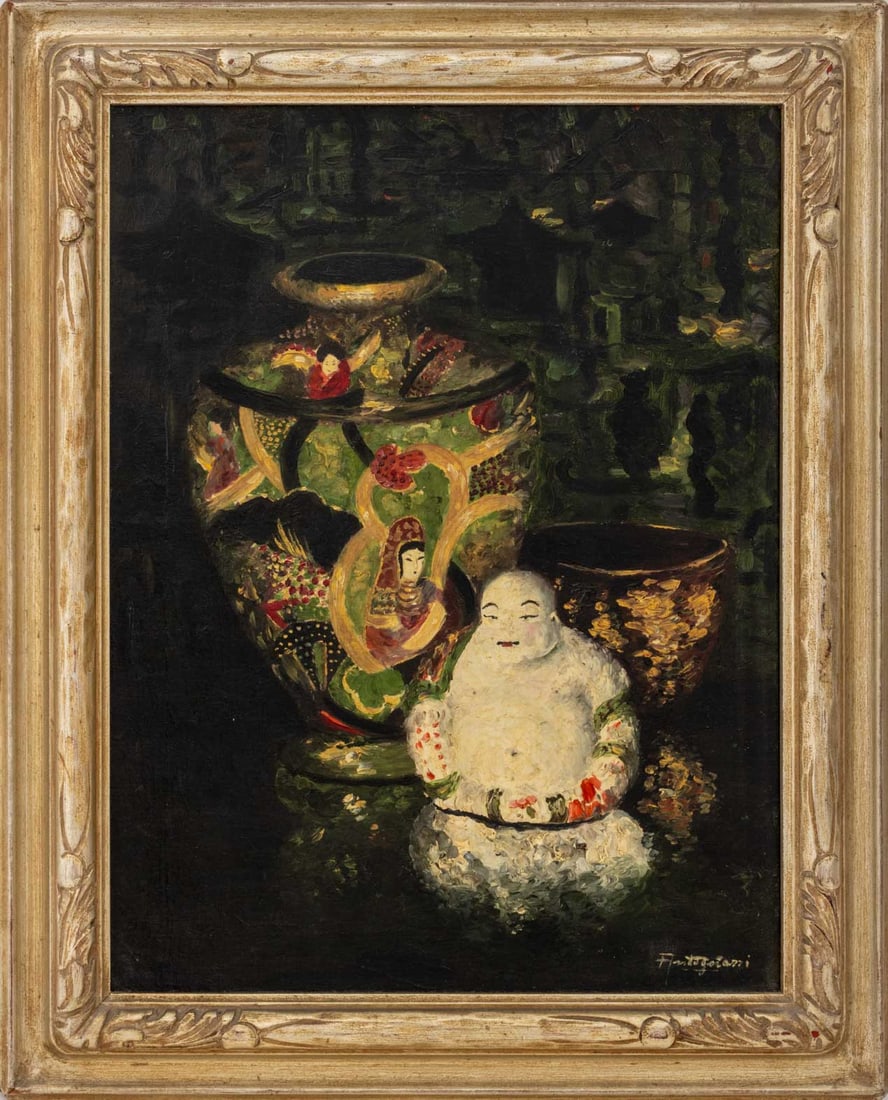 Illegibly Signed Still Life with Chinese Vase Oil: 20th Century School, Still Life Scene with Chinese Vase and Buddha Figure, Oil on Canvas, illegibly signed "Antongrazzi?", silvered wood frame. Image: 20.25" W x 15.25" W; frame: 25.25" H x 20.5" W x