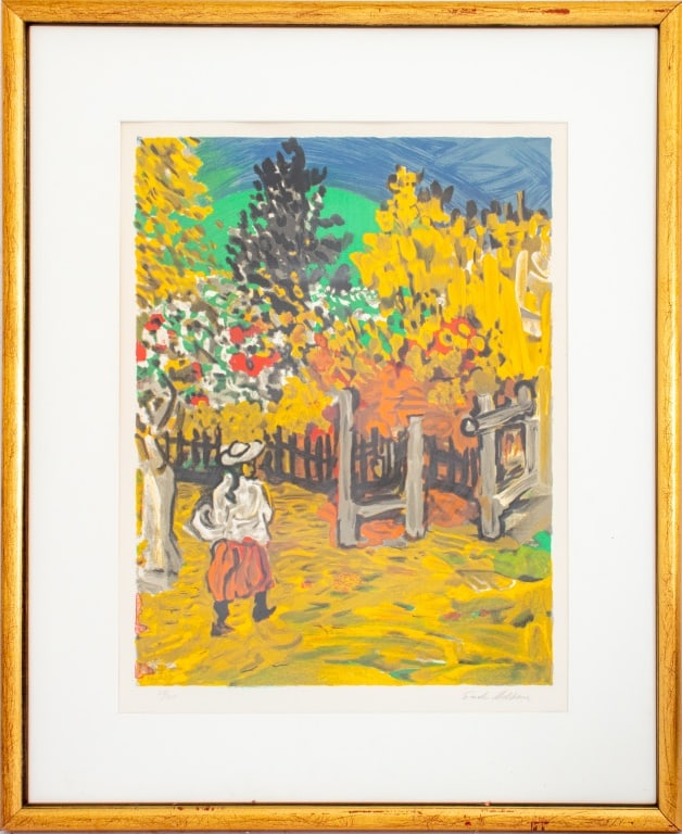 Sacha Moldovan "In the Garden" Lithograph: Sacha Moldovan (Russian/American, 1901-1982), "In the Garden", Lithograph in Colors, signed in pencil lower right and numbered edition "20/200", giltwood frame. Image: 21.5" H x 16.5" W; frame: 30" H