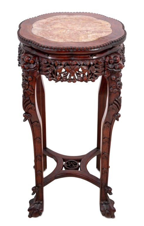 Chinese Hardwood and Marble Pedestal Table: Chinese Carved Hardwood and Marble Pedestal Table, late 19th century, the lobed inset top above a carved frieze, and legs on claw and ball feet, joined by an X-form stretcher. 32" H x 17" W x 17" D. K