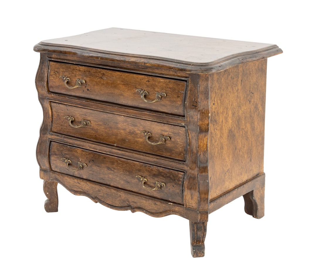 French Provincial Style Walnut Miniature Commode: French Provincial Style Walnut Miniature Commode, early 20th century, with three drawers and brass pulls on four cabriole legs. 17" H x 20" W x 12" D. Provenance: From an Upper East Side Estate. Keywo