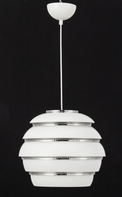 Artek A331 Beehive Aluminum Pendant Lamp: Artek A331 Beehive Aluminum Pendant Lamp, 20th century, designed by Alvar Aalto, with chrome-plated pierced rings. 28" H x 13" Diameter. Provenance: From the New York City Collection of a London Galle