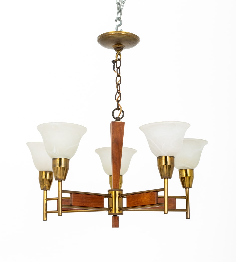 Mid-Century Modern Walnut Brass 5-Arm Chandelier (1 of 5)