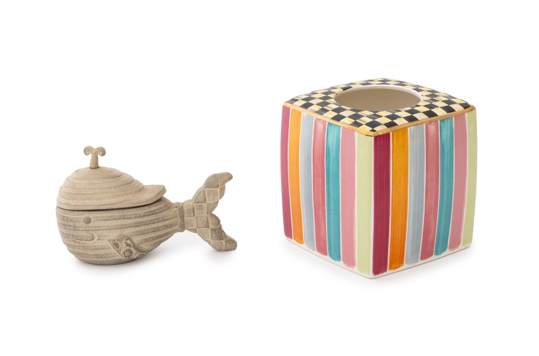MacKenzie-Childs "Courtly Check" Articles, 2: Two MacKenzie-Childs "Courtly Check" Pattern Articles, comprising: a tissue box cover, and a covered box in the form of a whale, both marked. Larger: 5.75" H x 5.75" W x 5.75" D. Provenance: From an E