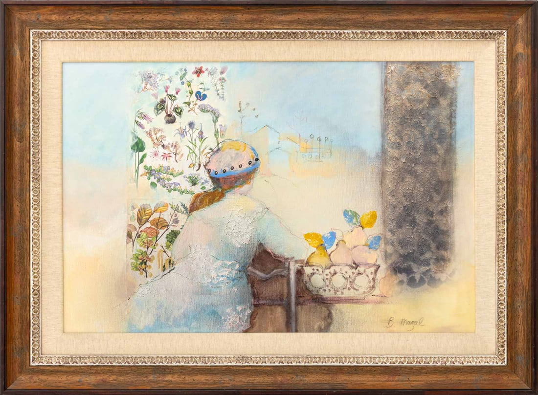 Batia Magal Woman with Flowers Mixed Media Collage: Batia Magal (Israeli, b. 1953), Woman with Flowers, Mixed Media Collage on Canvas, signed in pencil lower right, wood frame. Image: 23.25" H x 35.25" W'; frame: 33.25" H x 45.25" W x 2" D. Provenance: