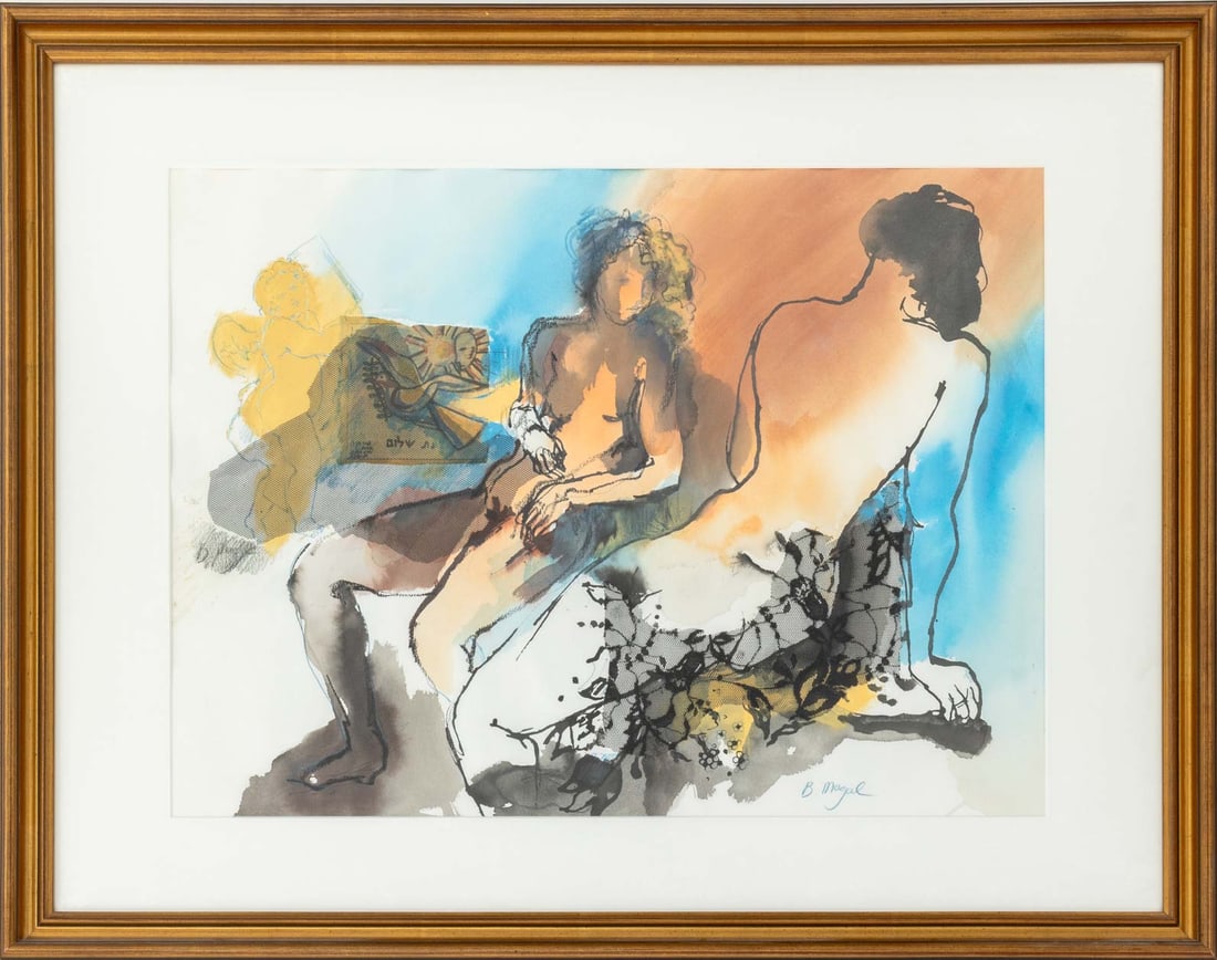 Batia Magal Two Nude Women Mixed Media Collage: Batia Magal (Israeli, b. 1953), Two Nude Women, Mixed Media Collage on Paper, signed in pencil lower right, wood frame. Image: 21.25" H x 28.75" W'; frame: 31.5: H x 40" W x 1.25" D. Provenance: From