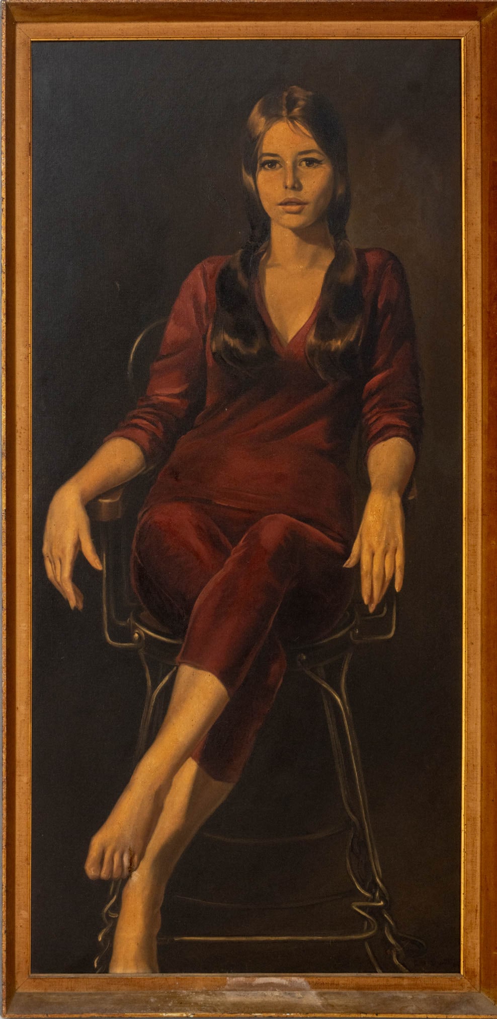 Portrait of a Woman in Red Oil on Canvas, ca. 1970: 20th Century School, Large Portrait of a Woman in Red, Oil on Canvas, circa 1970, unsigned, giltwood frame. Image: 59.25" H x 27.25" W; frame: 64" H x 32" W x 3" D. Provenance: From a Staten Island Co
