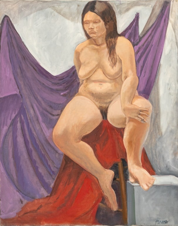 John Braden Seated Female Nude Oil on Canvas: John Braden (Brady, American, XX), Seated Female Nude Figure, Oil on Canvas, signed lower right, marked "Brady / John / 115 W71 / Lanning (Eve)" verso, unframed. 30" H x 24.5" W. Provenance: From the