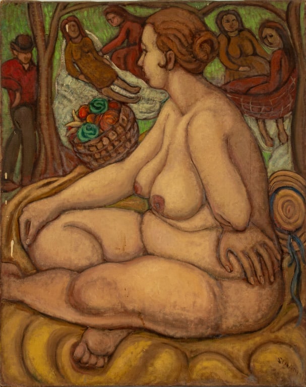 Philip Standish Read Seated Female Nude Oil: Philip Standish Read (American, 1927-2000), Seated Female Nude Figure, Oil on Canvas, depicting a nude woman and bowl of fruit, in front of figural vignettes, signed lower right, signed verso, unframe