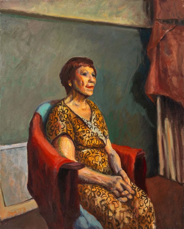 Fred Nelson Seated Woman Oil on Canvas, 1973: Fred Nelson (American, XX), Portrait of a Seated Woman, Oil on Canvas, 1973, signed and dated lower left, and inscribed "to the Art Students League with best wishes, Fred Nelson, 1974" verso, unframed