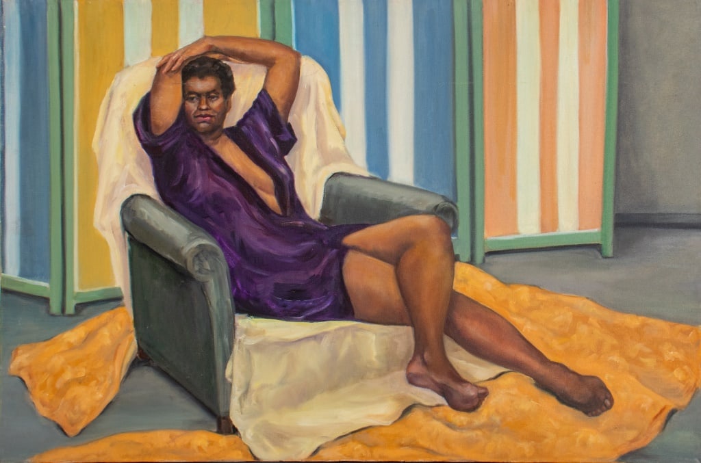 Penny Purpura Reclining Woman Oil on Canvas: Penny Purpura (American, XX-XXI), Portrait of a Reclining Semi-Nude Woman, Oil on Canvas, apparently unsigned, unframed. 23.75" H x 35.75" W. Provenance: Property from the estate of the artist. Keywor