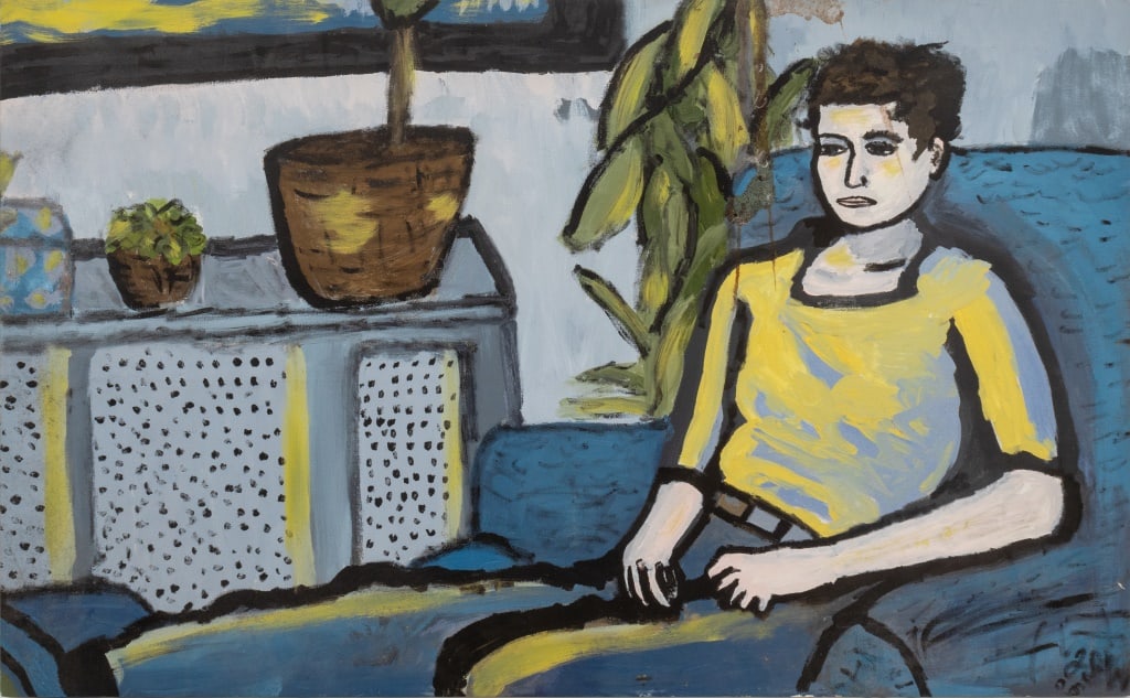 Contemporary Figural Interior Scene Oil, 2006: Contemporary School, Figural Interior Scene, Oil on Canvas, 2006, depicting seated man by radiator, initialed "JSW" and dated lower right, Uptown Gallery label verso, unframed. 29.5" H x 47.75" W. Pro