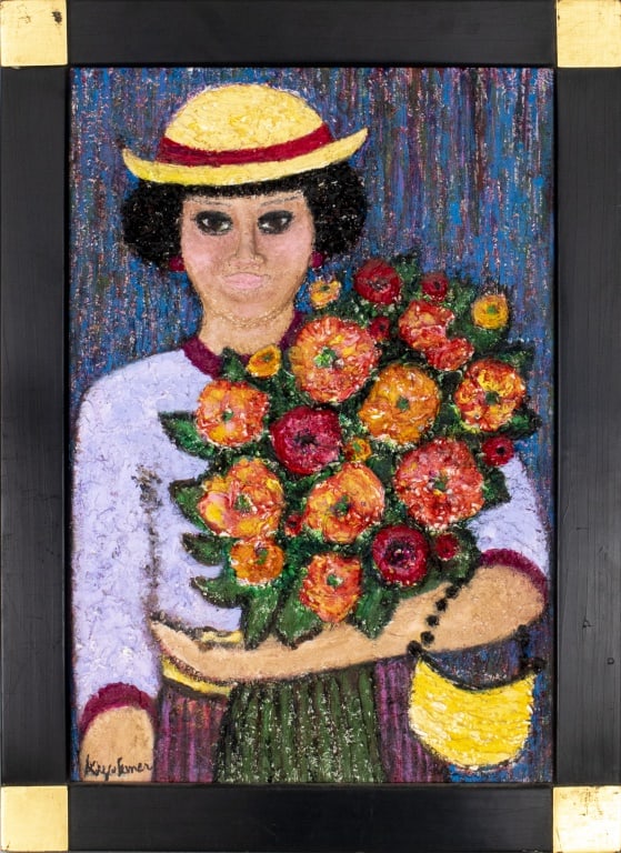 Kayo Lennar "Elisa on Saint's Day" Mixed Media: Kayo Lennar (French/American, b. 1923), "Elisa on Saint's Day," Mixed Media on Canvas, 2003, signed lower left, signed and dated on reverse, wood frame. Image: 18.5" H x 12.5" W; frame: 22" H x 16" W.