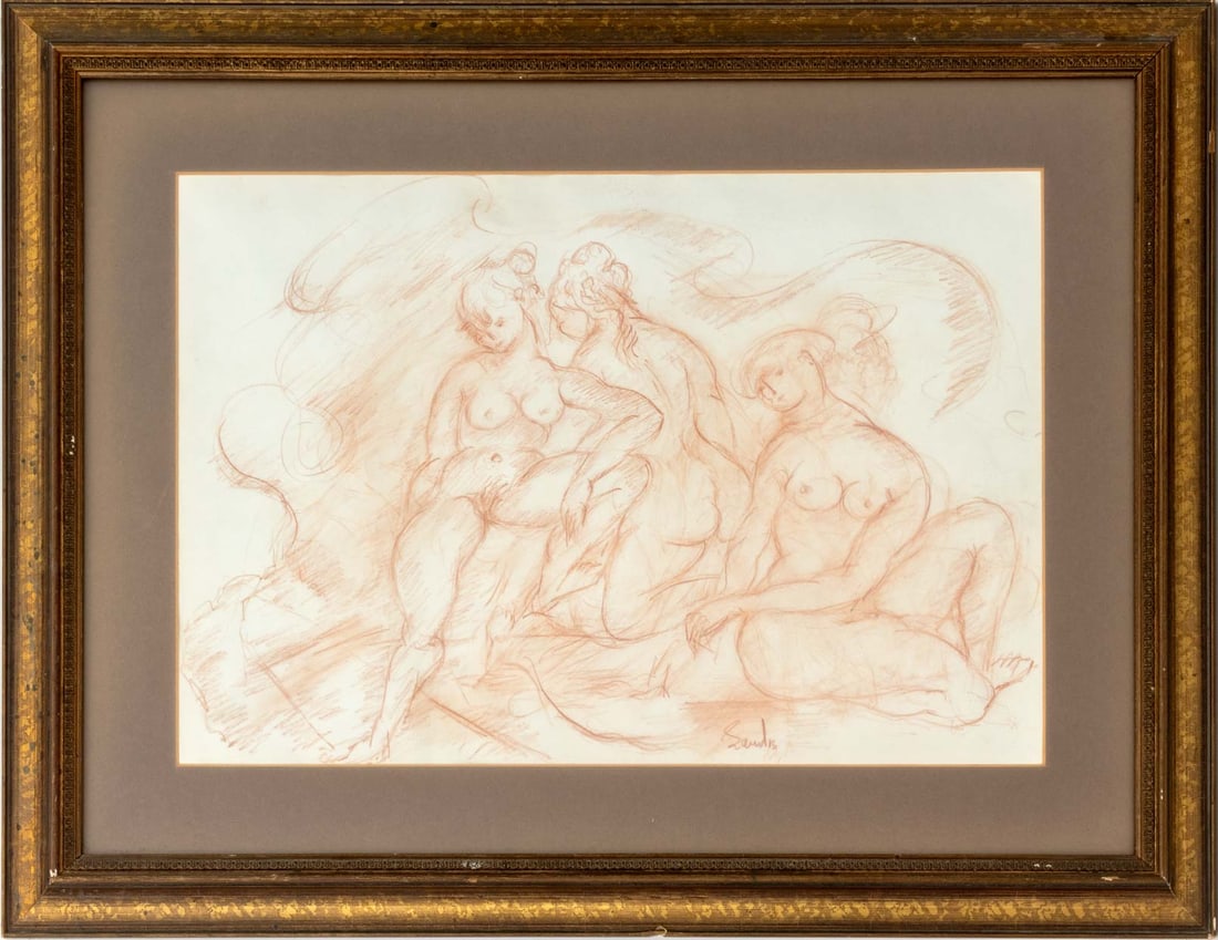 Female Nude Figural Group Red Chalk on Paper: 20th Century School, Female Nude Figural Group, Red Chalk on Paper, signed "Sandis" lower right, giltwood frame. Image: 13.75" H x 20.25" W; frame: 22.25" H x 28.75" W x 1.25" D. Provenance: From an U