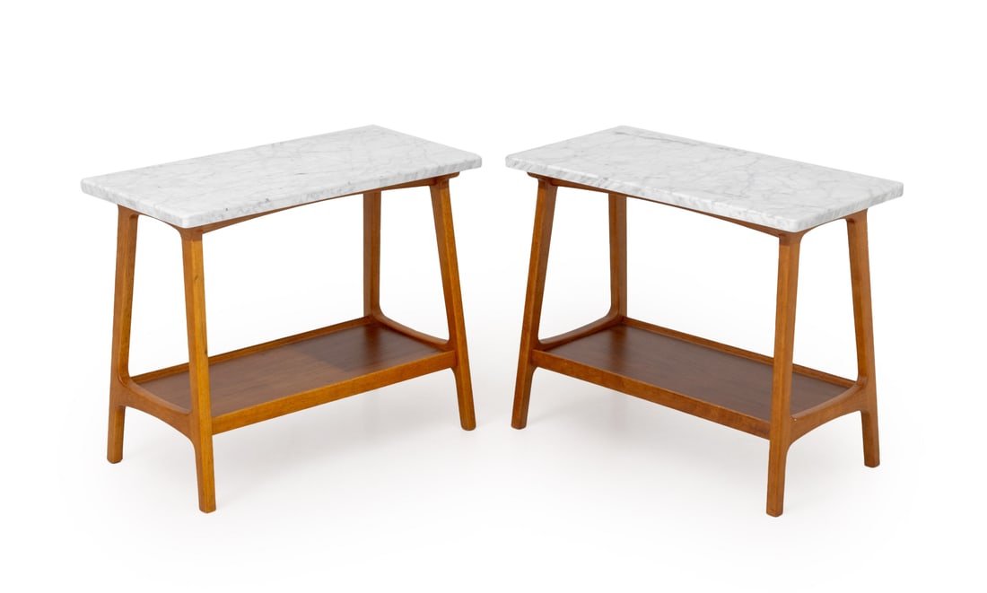 Modern Style Marble Top Walnut Side Tables, Pair (1 of 9)