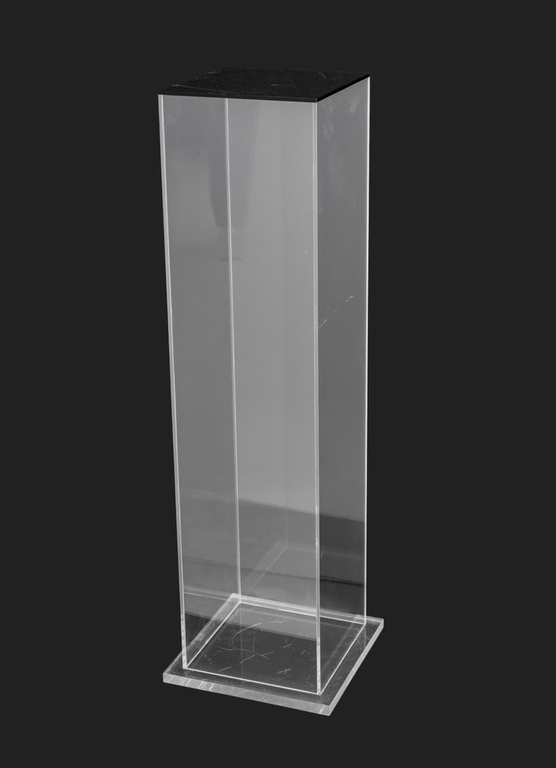 Postmodern Black and Clear Acrylic Pedestal: Postmodern Black and Clear Acrylic Pedestal, with black top upon a square base. 39.5" H x 12" W x 12" D. Provenance: From a Long Island Estate. Keywords: Modern Furniture, High table, Sculpture galler