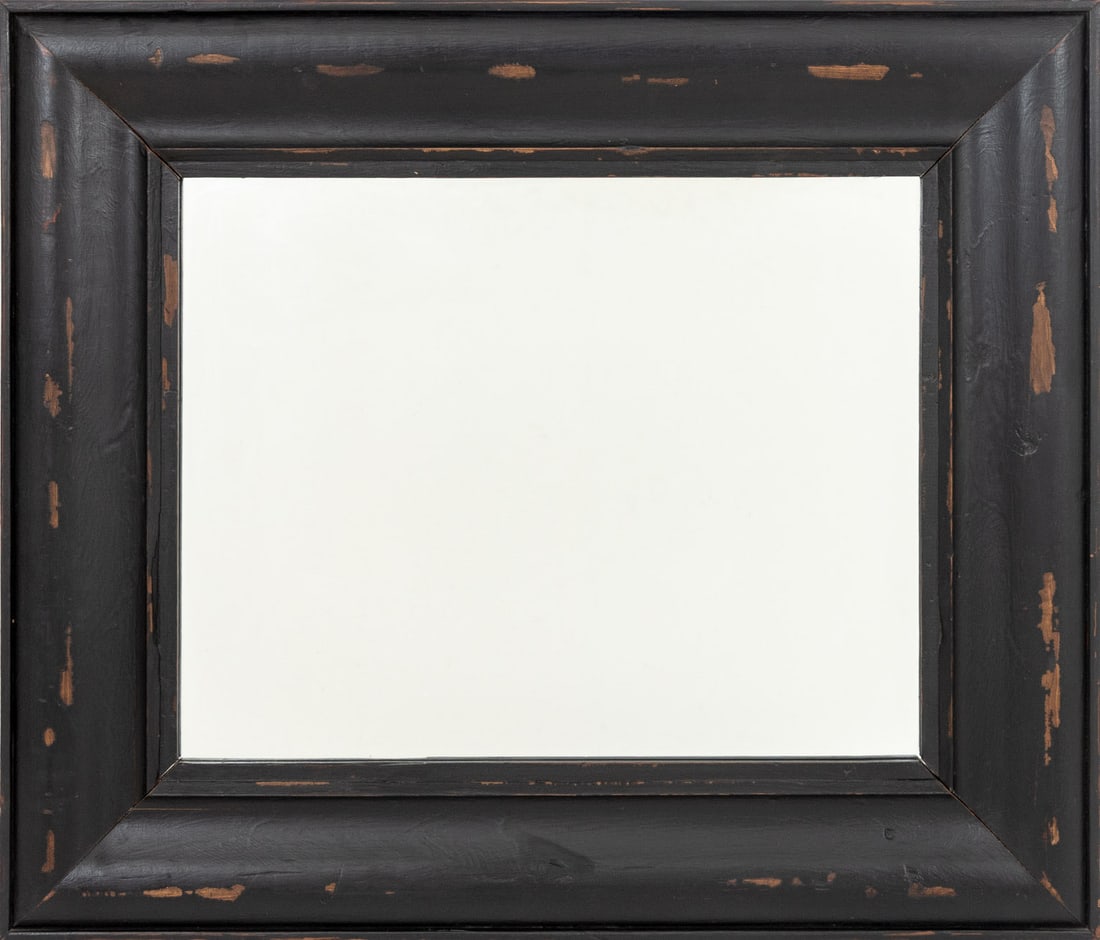 Rustic Ebonized Wood Framed Mirror: Rustic Ebonized Wood Framed Mirror. Mirror plate: 22.25" H x 38.25" W; frame: 36" H x 42" W x 1.5" D. Provenance: From a 320 Central Park West Collection. Keywords: Looking glass, Vanity, Country styl