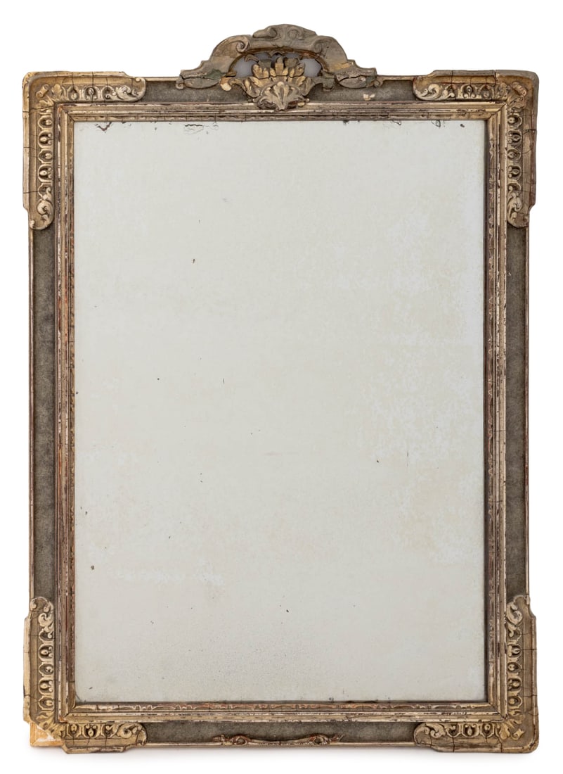 Rococo Style Silvered Wood Framed Mirror: Rococo Style Silvered Wood Framed Mirror. Mirror plate: 13.5" H x 9.5" W; frame: 17.25" H x 12.25" W x 0.75" D. Provenance: From an Upper West Side, New York City Estate. Keyword: Looking glass, Vanit