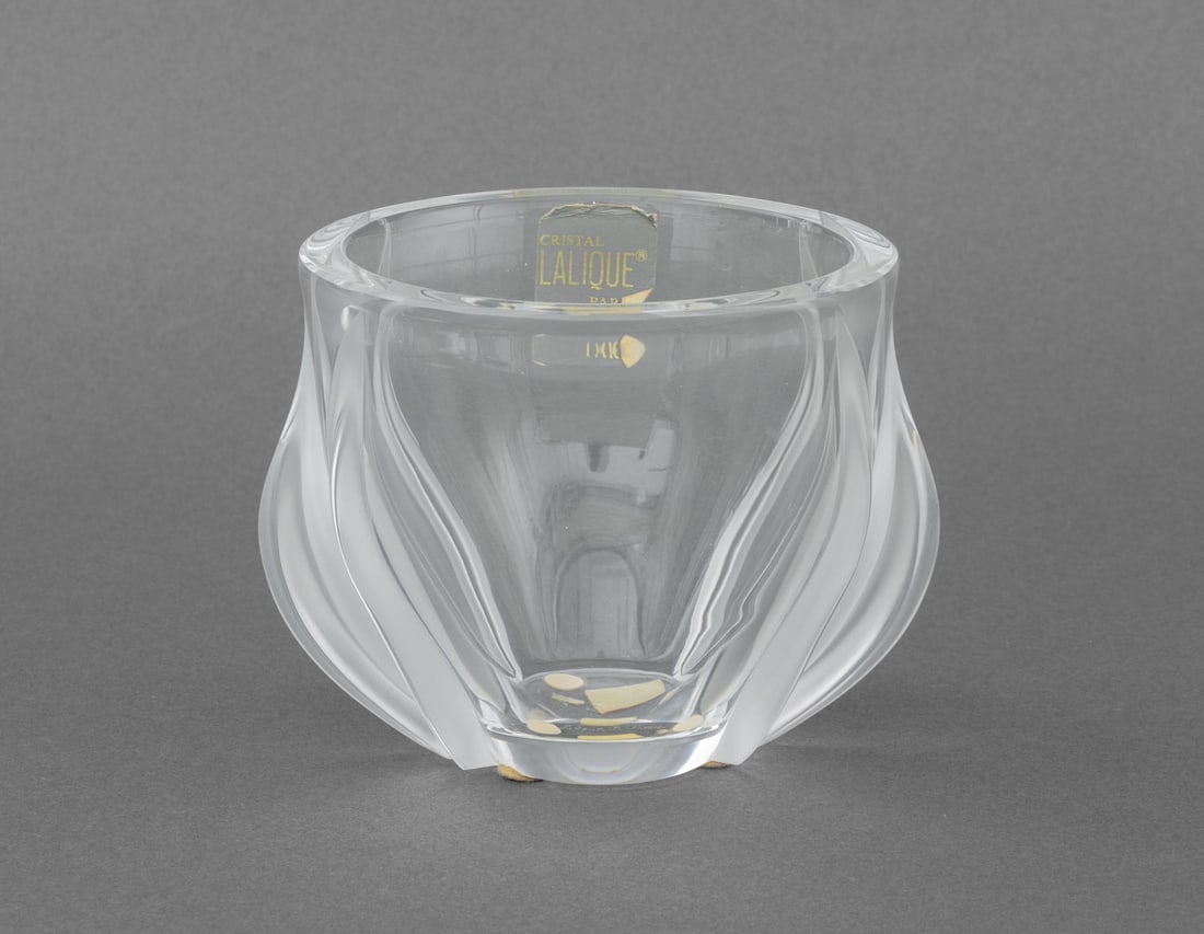 Lalique Crystal "Deux Tulipes" Vase: Lalique Crystal "Deux Tulipes" Vase, with "Crystal / Lalique / Paris" label and marked "Lalique France" to underside. 4" H x 5.5" W x 4.5" D. Provenance: From an East 74th Street Estate. Keywords: Ren