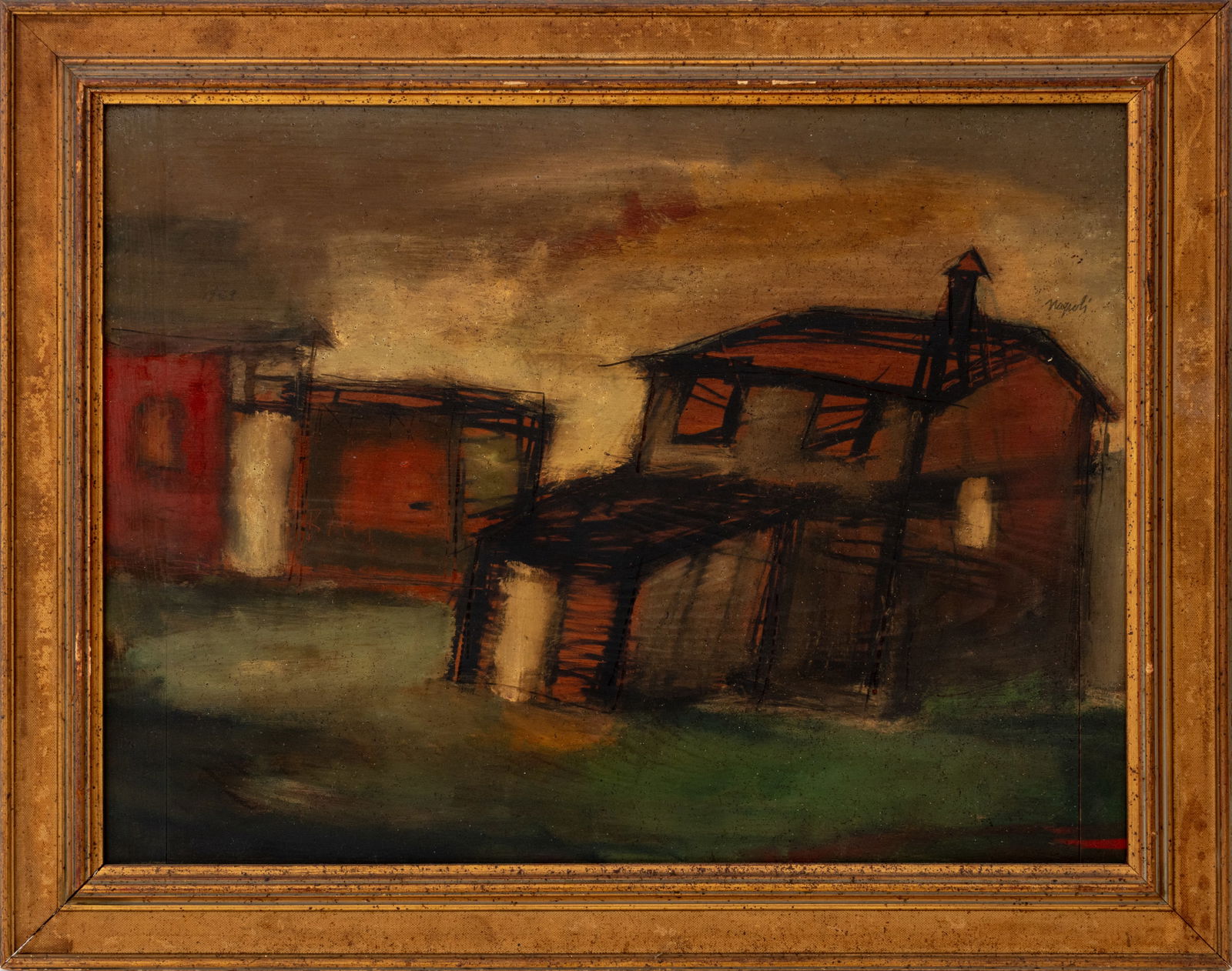 Giuseppe Napoli "Landscape" Oil, 1959: Giuseppe Napoli (American, 1929-1967), "Landscape", Oil on Board, 1959, signed center right, signed, titled, and dated verso, wood frame. 17.5" H x 23.5" W; frame: 22.5" H x 28.5" W x 1.25" D.