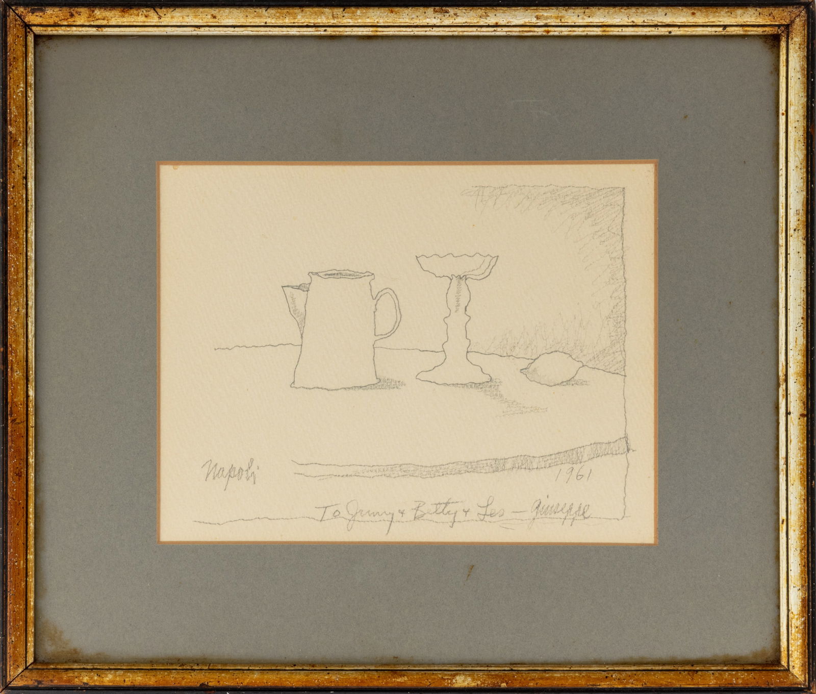 Giuseppe Napoli Still Life Pencil on Paper, 1961: Giuseppe Napoli (American, 1929-1967), Still Life Scene, Pencil on Paper, 1961, signed in pencil lower left, inscription and dated lower right, ebonized and giltwood frame. Image: 5.75" H x 7.5" W;