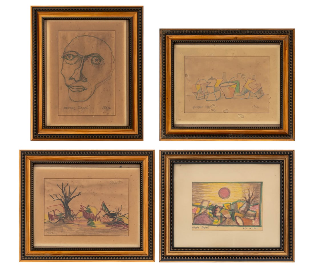Giuseppe Napoli Abstraction Mixed Media, 4: Giuseppe Napoli (American, 1929-1967), Four Abstracted Compositions, Mixed Media on Paper, 1962, each signed and dated, comprising: Portrait of a Man, Still Life, and two Landscape Scenes, ebonized an