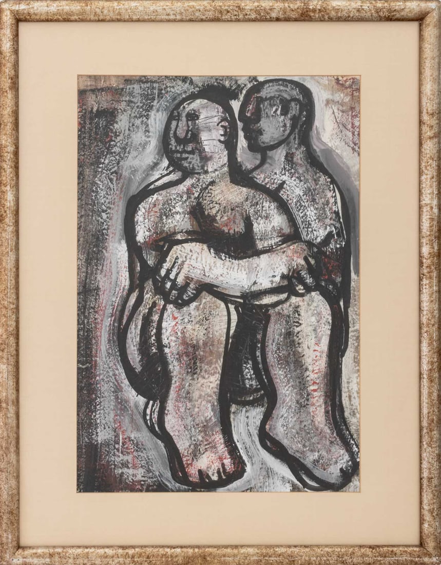 Oreste Dequel Two Seated Figures Mixed Media: Oreste Dequel (Italian, born Koper, Slovenia, 1923-1989), Two Seated Figures, Mixed Media on Paper, signed lower center, silvered wood frame. Image: 27.25" H x 18.5" W; frame: 37" H x 29" W x 1.25" D.