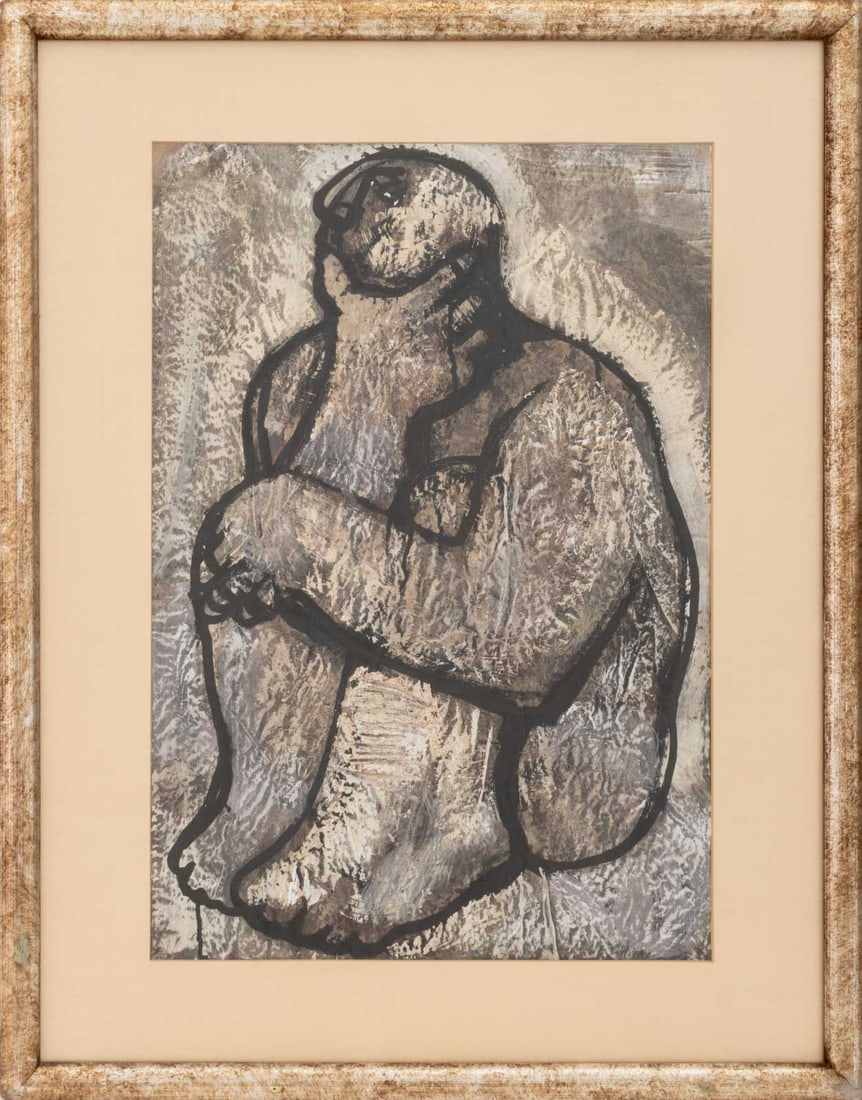 Oreste Dequel Figure Study Mixed Media on Paper: Oreste Dequel (Italian, born Koper, Slovenia, 1923-1989), Figure Study, Mixed Media on Paper, signed lower right, silvered wood frame. Image: 27.25" H x 18.75" W; frame: 37.25" H x 29" W x 1.25" D.