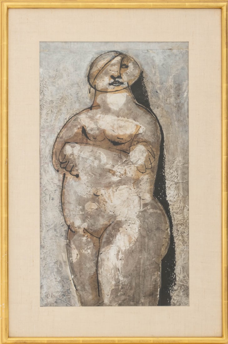 Oreste Dequel Standing Nude Woman Mixed Media: Oreste Dequel (Italian, born Koper, Slovenia, 1923-1989), Standing Nude Woman, Mixed Media on Paper, signed lower left, silvered wood frame. Image: 23.5" H x 13.25" W; frame: 31" H x 21" W x 1.25" D.
