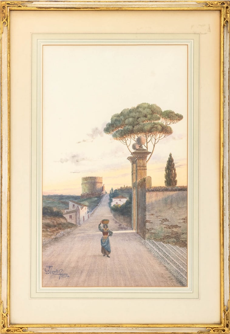 Giovanni Monti Woman Amongst Landscape Watercolor: Giovanni Monti (Italian, 1779-1844), Woman Amongst a Landscape Scene, Watercolor on Paper, signed and inscribed "G. Monti Roma" lower left, white painted and giltwood frame. Image: 18.5" H x 11.25" W;