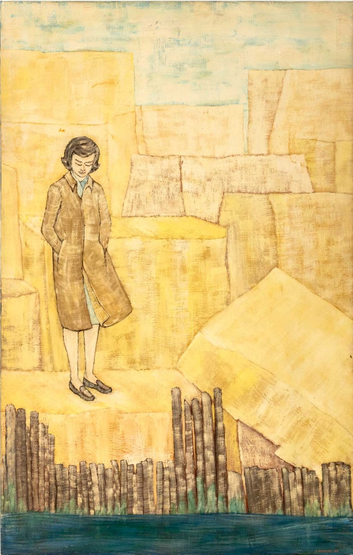 Joan Kearns Woman Amongst a Cityscape Oil, 1963: Joan Kearns (American, 1932-2016), Woman Amongst a City Landscape Scene, Oil on Canvas, 1963, signed "J. Kearns" and dated lower right, unframed. 44" H x 28.25" W x 0.75" D. Provenance: From a New