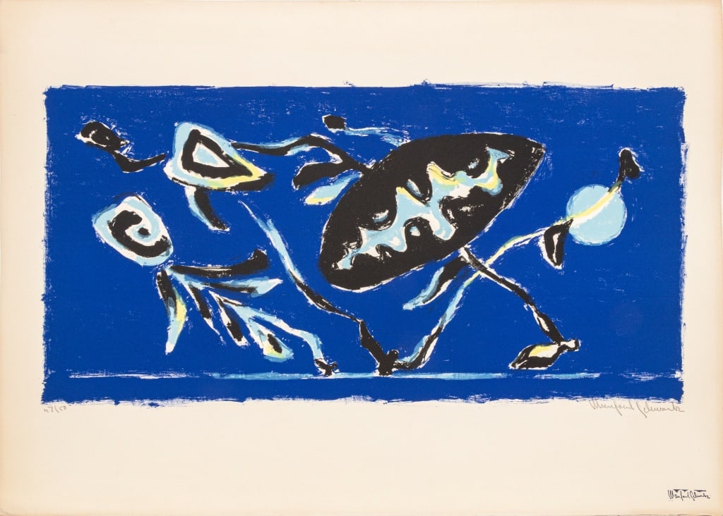 Manfred Schwartz Oriental Kites II Lithograph: Manfred Schwartz (American, born Poland, 1909-1970), Oriental Kites II in Blue, Lithograph in Colors on Paper, circa 1965, numbered edition "47/50" lower left, signed in pencil and with the artist's s