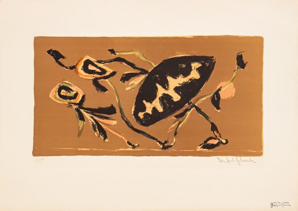 Manfred Schwartz Oriental Kites II Lithograph: Manfred Schwartz (American, born Poland, 1909-1970), Oriental Kites II in Brown, Lithograph in Colors on Paper, circa 1965, numbered edition "6/50" lower left, each signed in pencil and with the artis