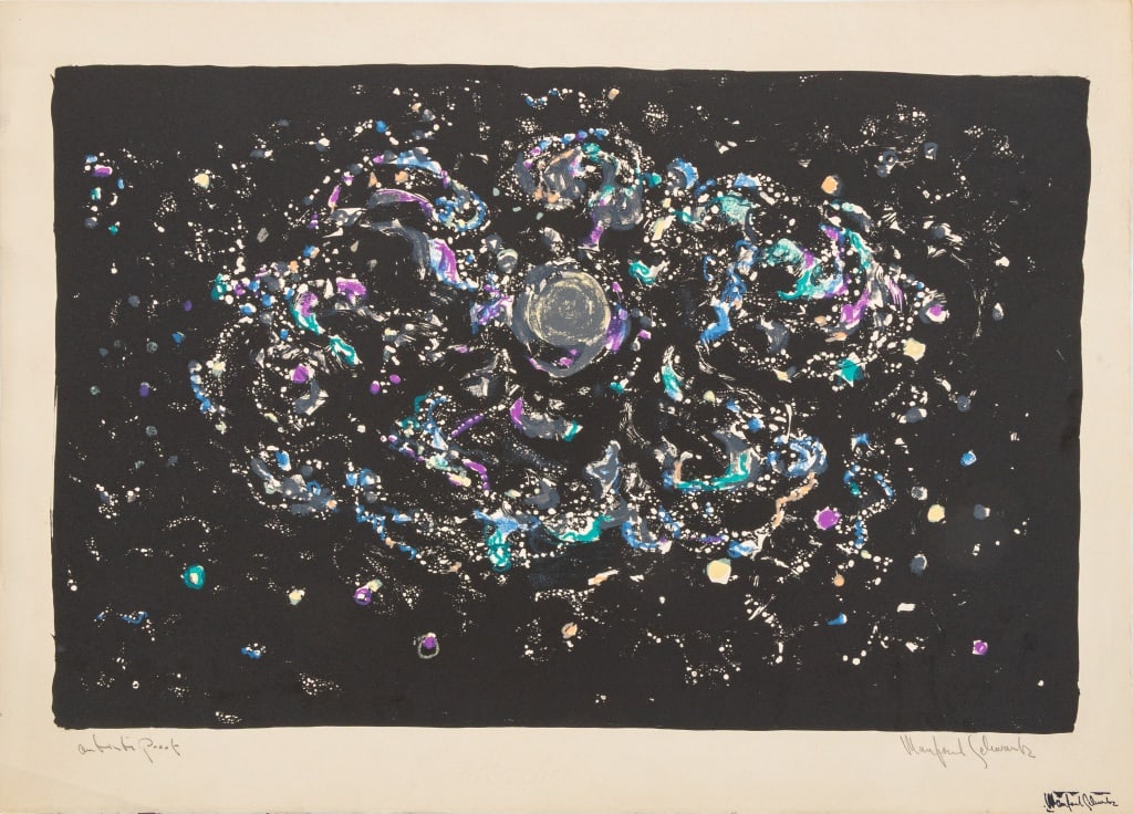 Manfred Schwartz "Celestial" Lithograph: Manfred Schwartz (American, born Poland, 1909-1970), "Celestial", Lithograph in Colors on Paper, mid 20th century, colorful swirling stars, marked "artist's proof" edition lower left, signed in pencil