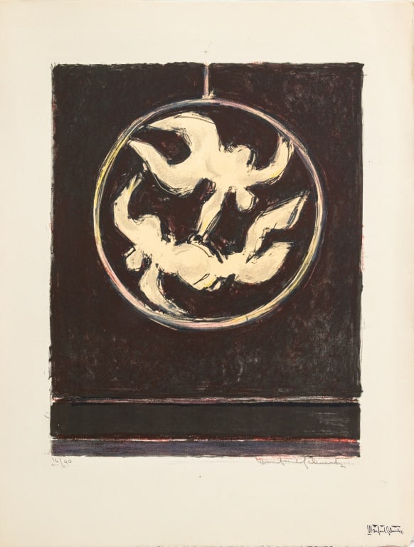 Manfred Schwartz The Ring in Plum Lithograph: Manfred Schwartz (American, born Poland, 1909-1970), The Ring in Plum, Abstract Figural Composition, Lithograph in Colors on Paper, mid 20th century, two nude figures in dangling hoop on purple