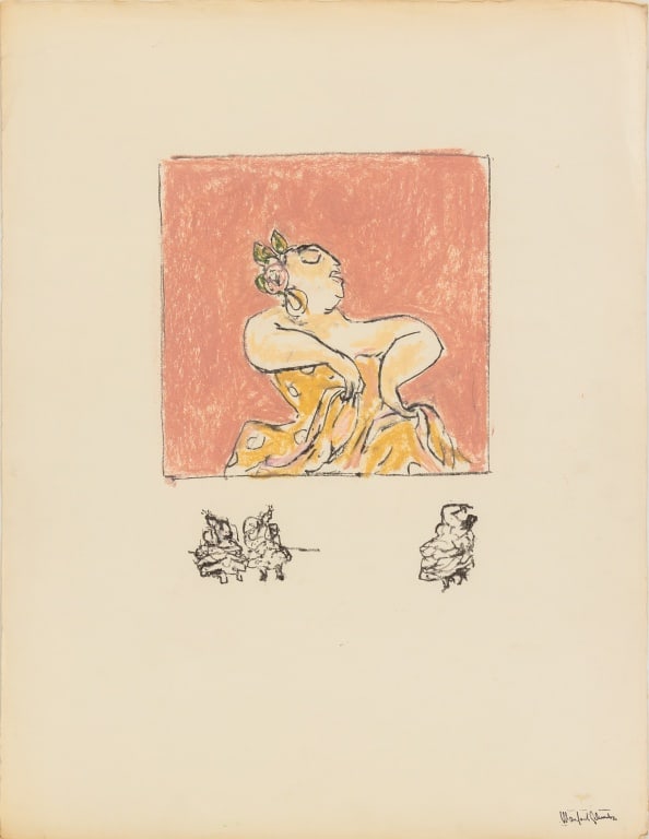 Manfred Schwartz Flamenco Dancer Mixed Media: Manfred Schwartz (American, born Poland, 1909-1970), Flamenco Dancer, Lithograph and Pastel on Paper, three dancing figures underneath, with the artist's signature stamped lower right, unframed.